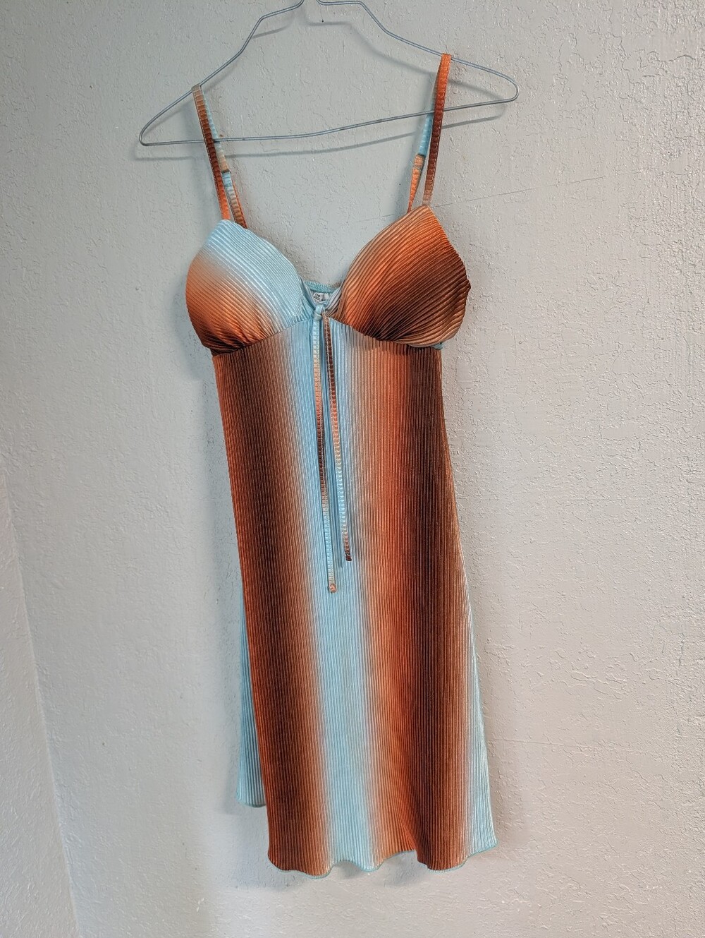 Ombre Pleated Slip Dress Xxs Blue  Brown Retro Festival Padded Rave Boho Indie